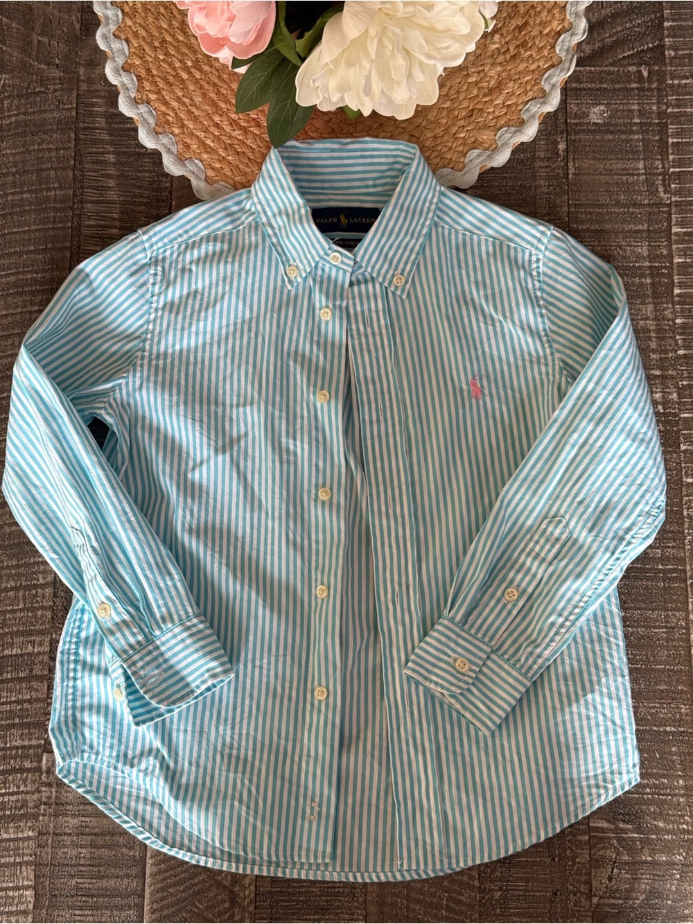 Ralph Lauren Boys' Aqua and White Striped Button-Down Shirt Size 6